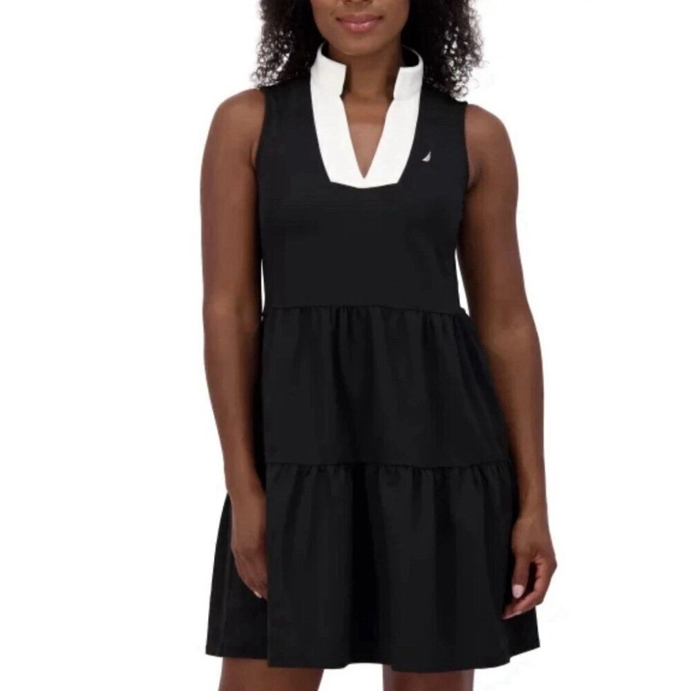Nautica Black Sleeveless V-Neck Tiered Midi Dress with White Collar